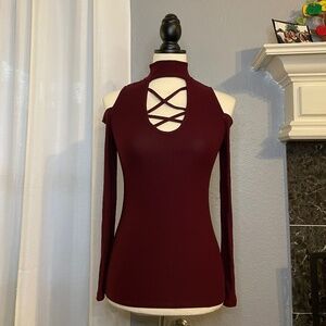 Eye Candy Strappy Mock Neck Cold Shoulder Long Sleeve Top Size Small